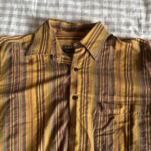 Robert Talbott Cropped Yellow and Brown Striped Button Up